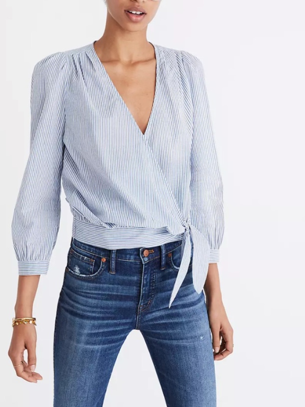 Madewell Striped Wrap Top 100% Cotton Three Quarter Sleeve Blouse Cropped Small